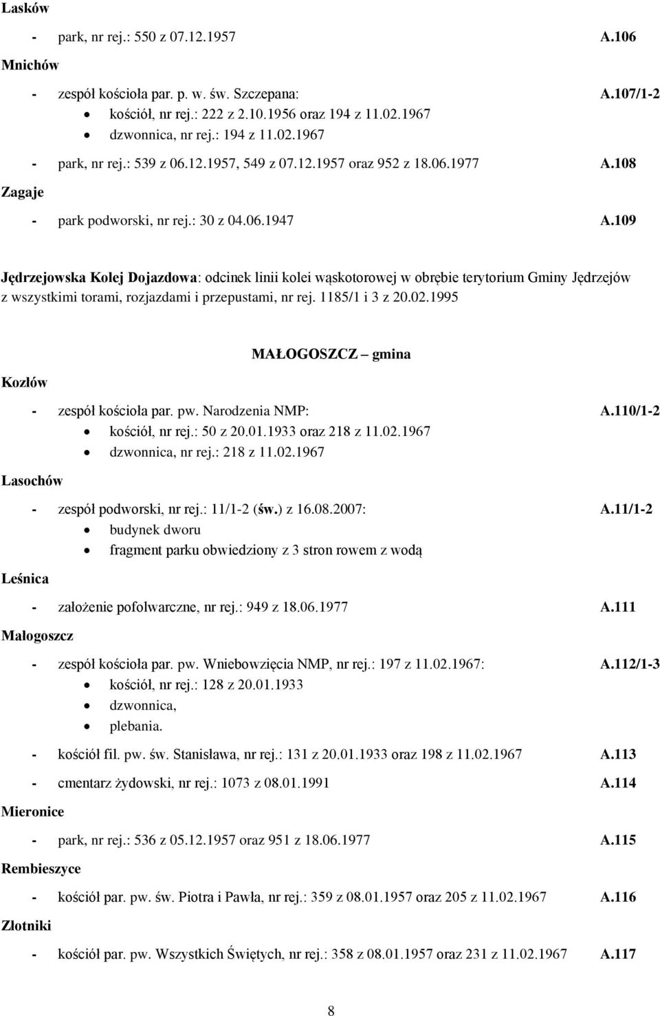 109 Jędrzejowska Kolej Dojazdowa: odcinek linii kolei wąskotorowej w obrębie terytorium Gminy Jędrzejów z wszystkimi torami, rozjazdami i przepustami, nr rej. 1185/1 i 3 z 20.02.