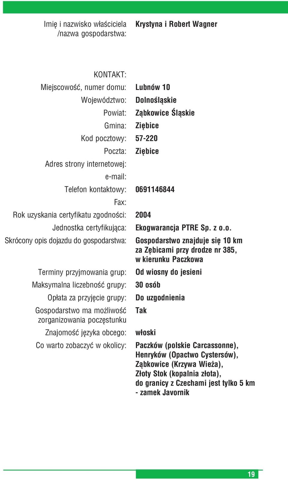 przyjęcie grupy: Gospodarstwo ma możliwość zorganizowania poczęstunku Znajomość języka obcego: Co warto zobaczyć w okolicy: Lubnów 10 Dolnośląskie Ząbkowice Śląskie Ziębice 57 220 Ziębice 0691146844