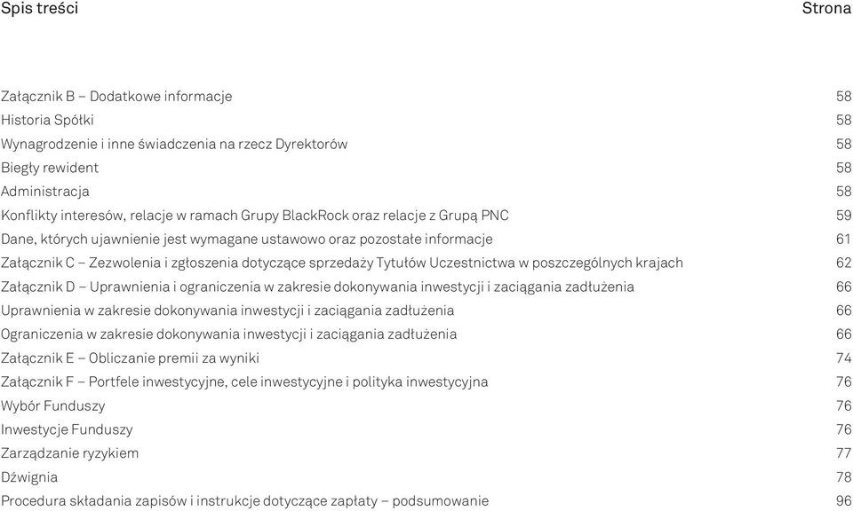 Uczestnictwa w poszczególnych krajach 62 Załącznik D Uprawnienia i ograniczenia w zakresie dokonywania inwestycji i zaciągania zadłużenia 66 Uprawnienia w zakresie dokonywania inwestycji i zaciągania