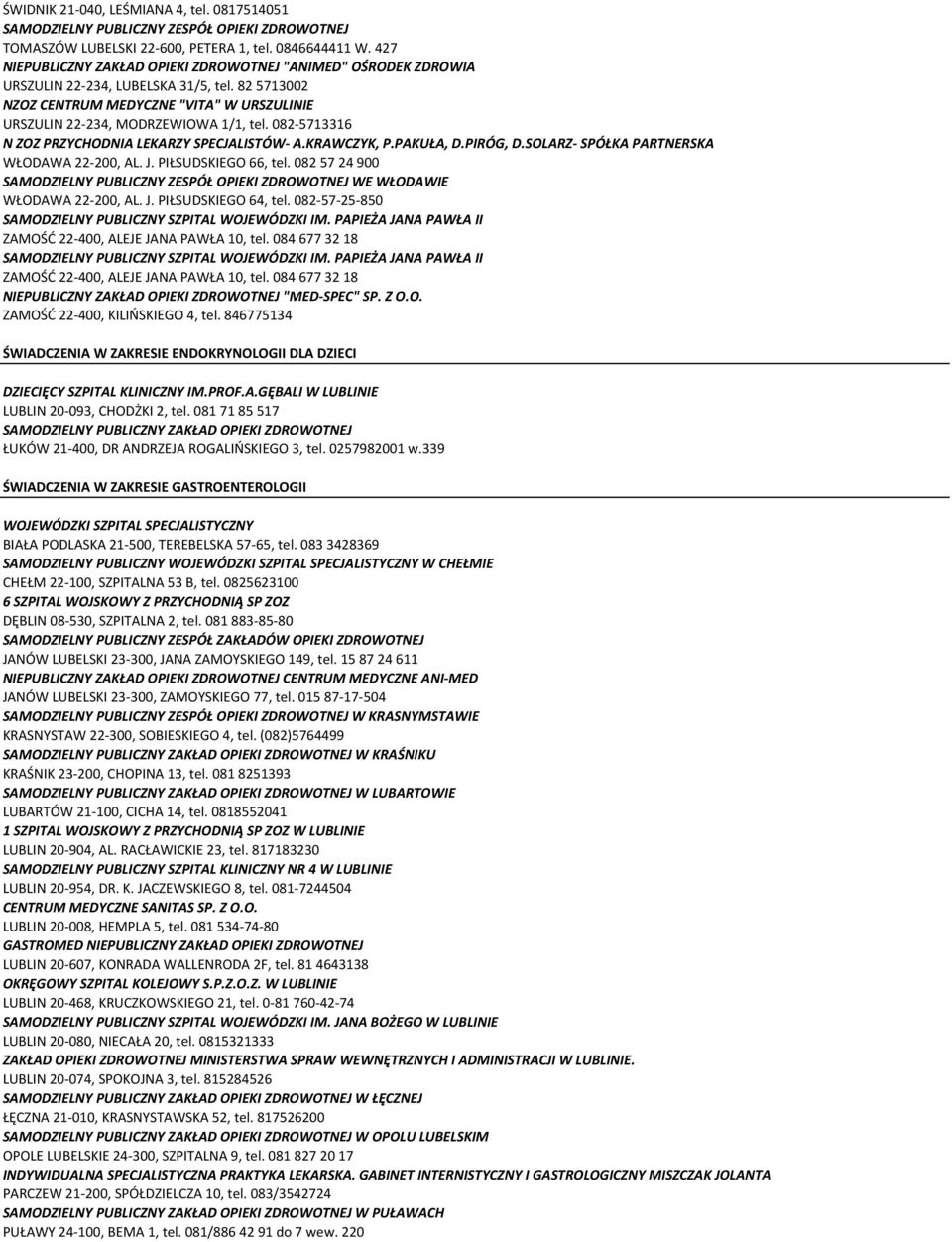 082-5713316 N ZOZ PRZYCHODNIA LEKARZY SPECJALISTÓW- A.KRAWCZYK, P.PAKUŁA, D.PIRÓG, D.SOLARZ- SPÓŁKA PARTNERSKA WŁODAWA 22-200, AL. J. PIŁSUDSKIEGO 66, tel.