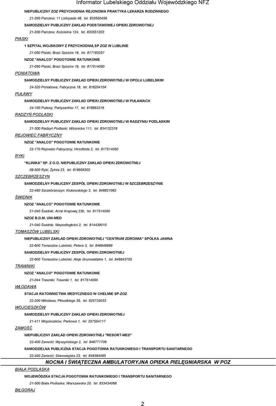 833551203 PIASKI 1 SZPITAL WOJSKOWY Z PRZYCHODNIĄ SP ZOZ W IE 21-050 Piaski; Braci Spozów 19, tel. 817183257 NZOZ "ANALCO" POGOTOWIE RATUNKOWE 21-050 Piaski; Braci Spozów 19, tel.