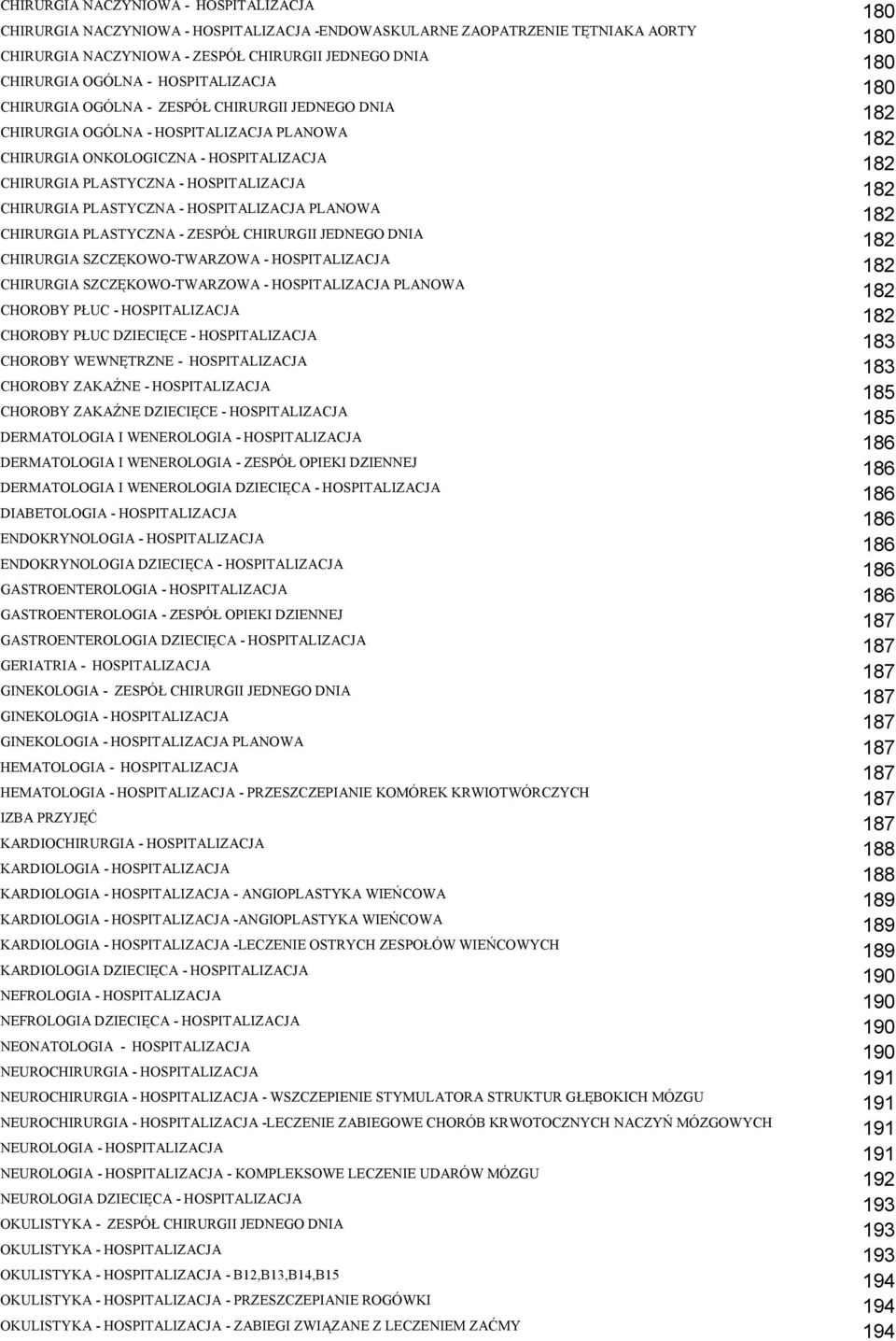 CHIRURGIA PLASTYCZNA - HOSPITALIZACJA PLANOWA CHIRURGIA PLASTYCZNA - ZESPÓŁ CHIRURGII JEDNEGO DNIA 182 CHIRURGIA SZCZĘKOWO-TWARZOWA - HOSPITALIZACJA CHIRURGIA SZCZĘKOWO-TWARZOWA - HOSPITALIZACJA