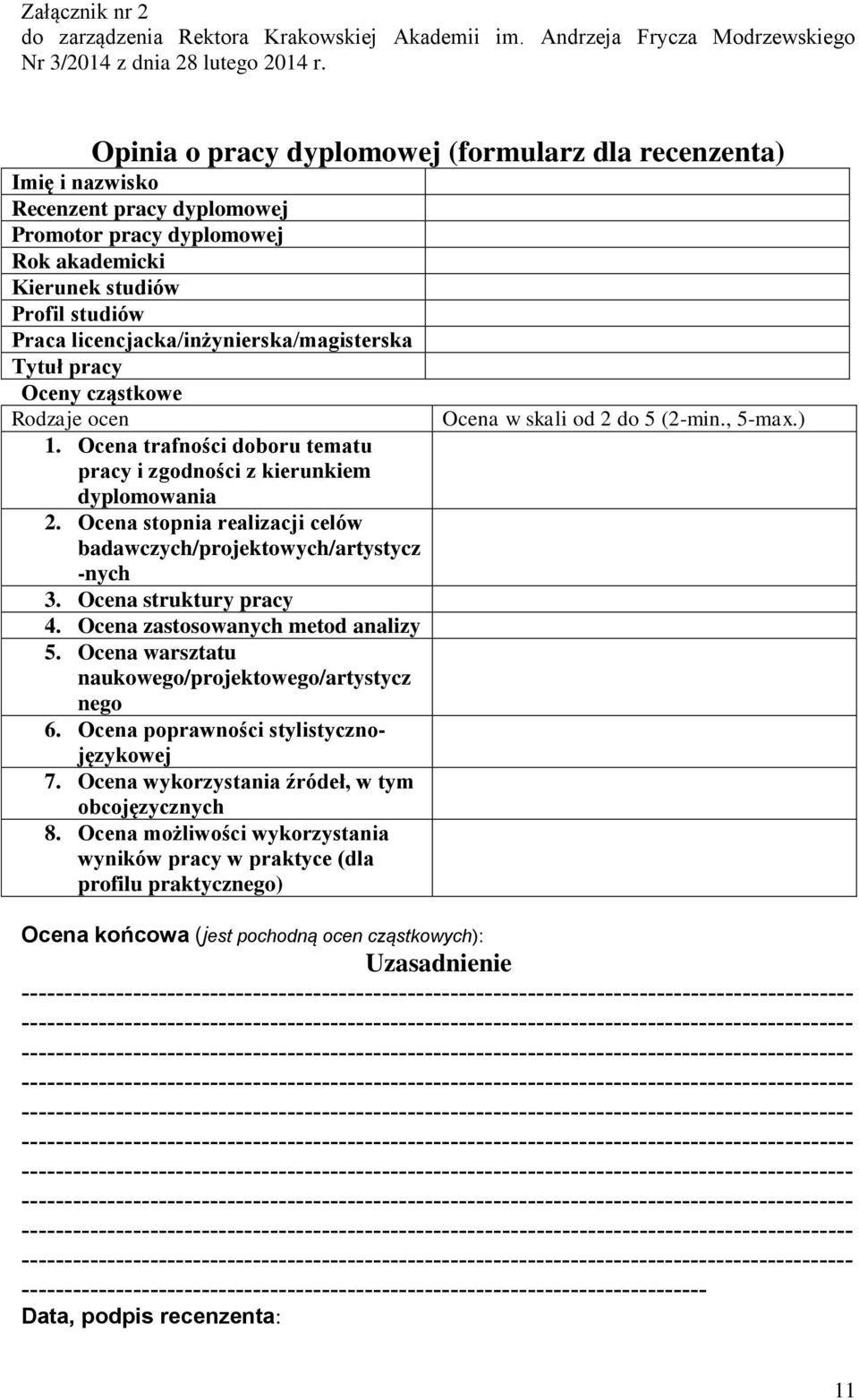 licencjacka/inżynierska/magisterska Tytuł pracy Oceny cząstkowe Rodzaje ocen 1. Ocena trafności doboru tematu pracy i zgodności z kierunkiem dyplomowania 2.