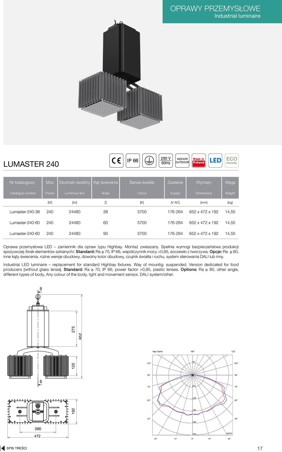 60 5700 176-264 652 x 472 x 192 14,55 Lumaster-240-60 240 24480 90 5700 176-264 652 x 472 x 192 14,55 Oprawa przemysłowa LED zamiennik dla opraw typu Highbay. Montaż zwieszany.