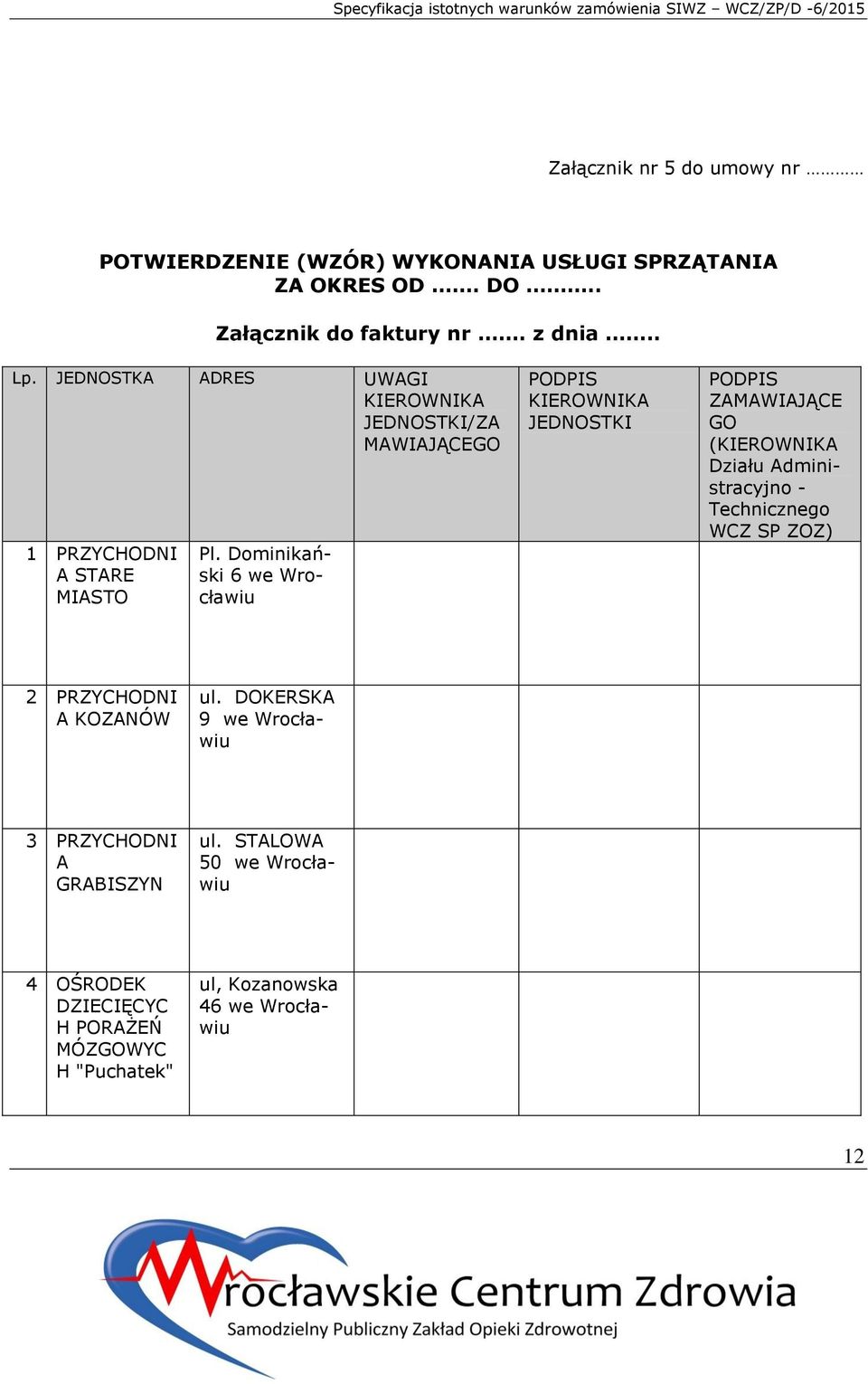 Dominikański 6 we Wrocławiu PODPIS KIEROWNIKA JEDNOSTKI PODPIS ZAMAWIAJĄCE GO (KIEROWNIKA Działu Administracyjno - Technicznego WCZ SP