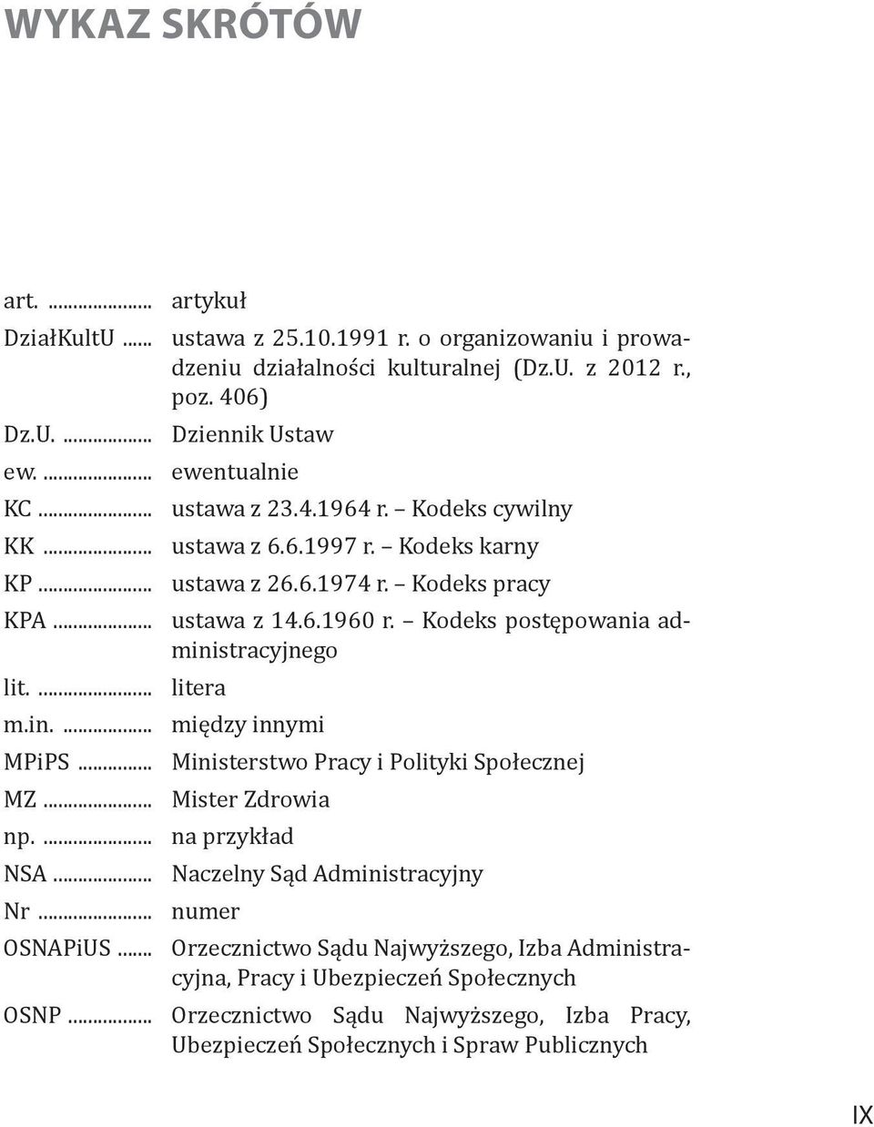 Kodeks postępowania administracyjnego lit.... litera m.in.... między innymi MPiPS... Ministerstwo Pracy i Polityki Społecznej MZ... Mister Zdrowia np.... na przykład NSA.