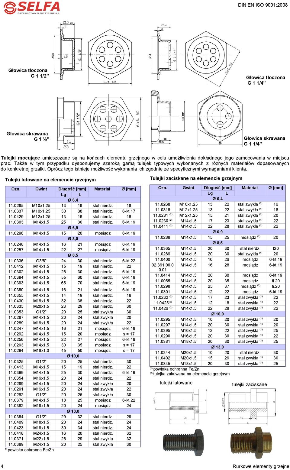 Oprócz tego istnieje możliwość wykonania ich zgodnie ze specyficznymi wymaganiami klienta. Tulejki zaciskane na elemencie grzejnym Tulejki lutowane na elemencie grzejnym Ozn. Gwint 11.0285 11.0337 11.