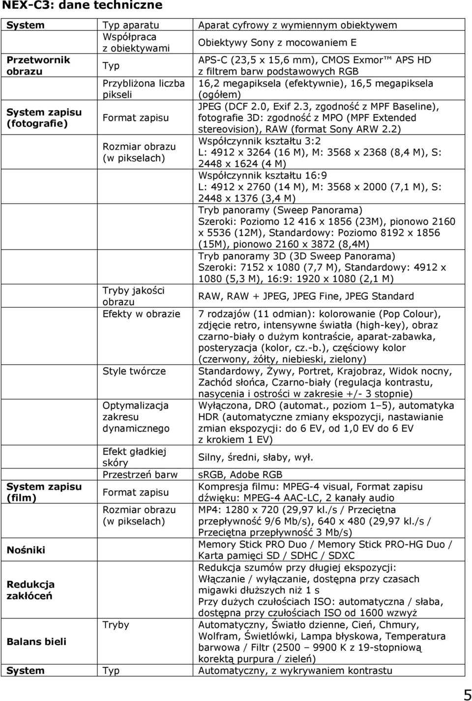 3, zgodność z MPF Baseline), System zapisu Format zapisu fotografie 3D: zgodność z MPO (MPF Extended (fotografie) stereovision), RAW (format Sony ARW 2.