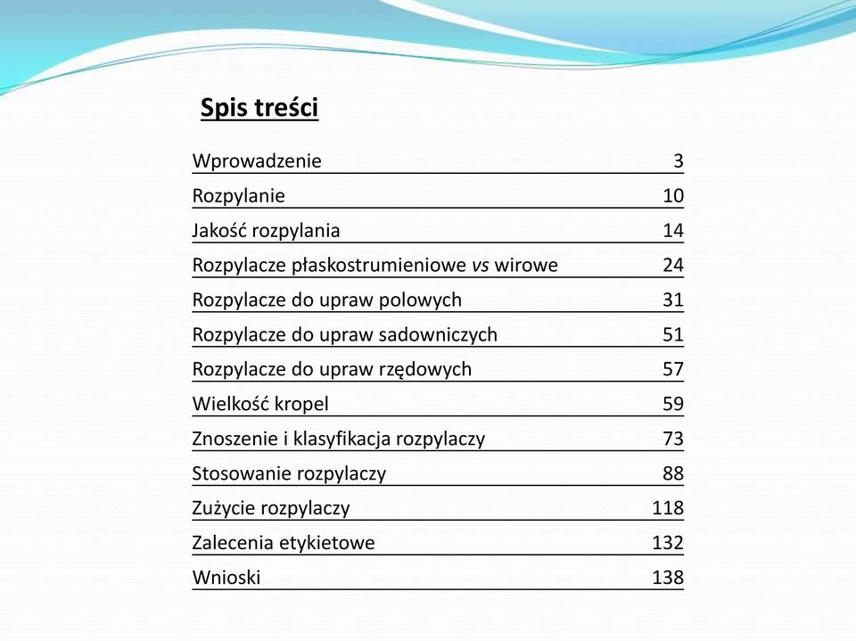 sadowniczych 51 Rozpylacze do upraw rzędowych 57 Wielkość kropel 59 Znoszenie i