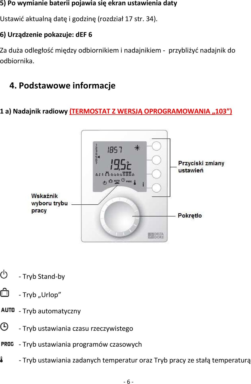 Podstawowe informacje 1 a) Nadajnik radiowy (TERMOSTAT Z WERSJĄ OPROGRAMOWANIA 103 ) - Tryb Stand-by - Tryb Urlop - Tryb