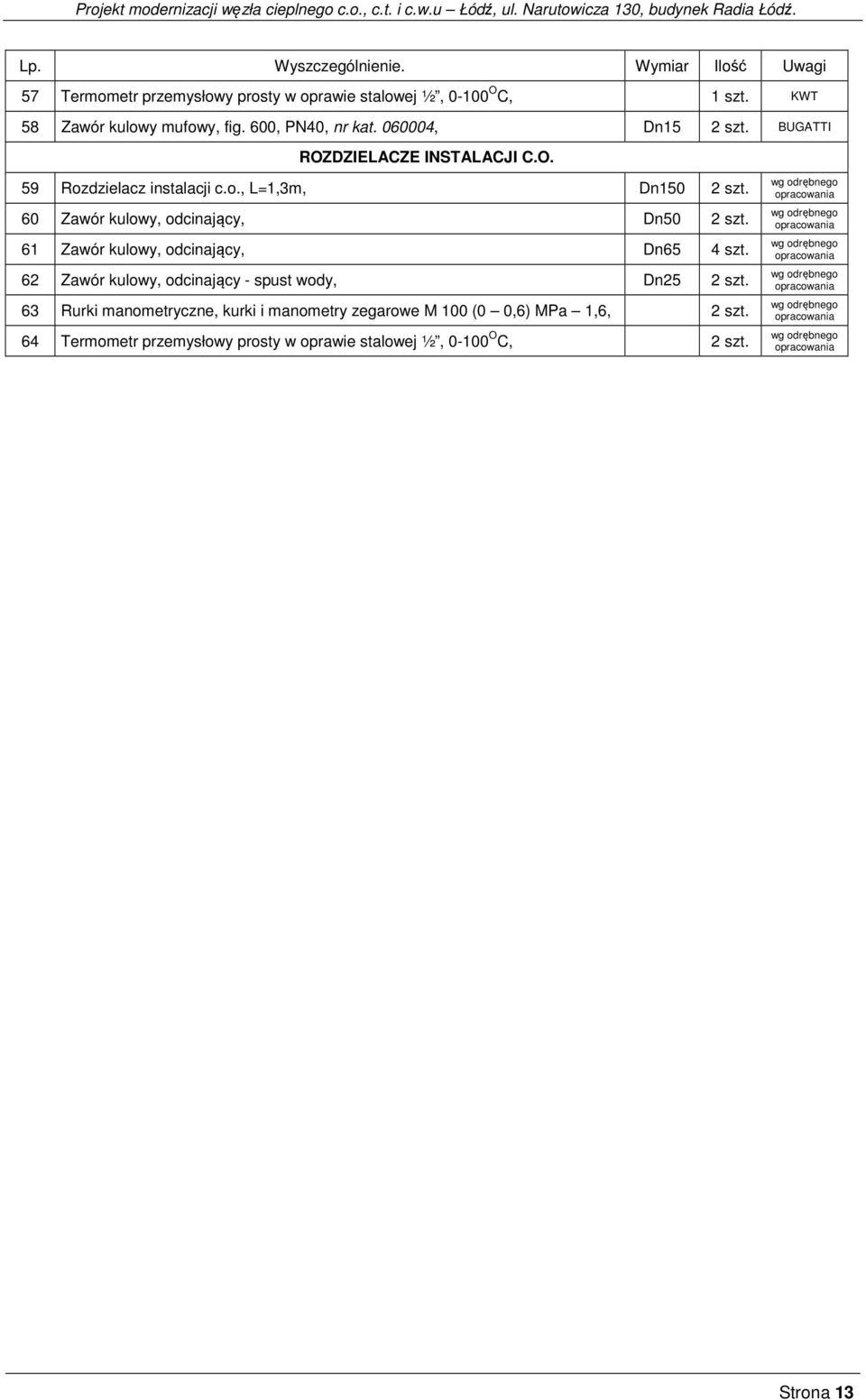 61 Zawór kulowy, odcinający, Dn65 4 szt. 62 Zawór kulowy, odcinający - spust wody, Dn25 2 szt. 63 Rurki manometryczne, kurki i manometry zegarowe M 100 (0 0,6) MPa 1,6, 2 szt.