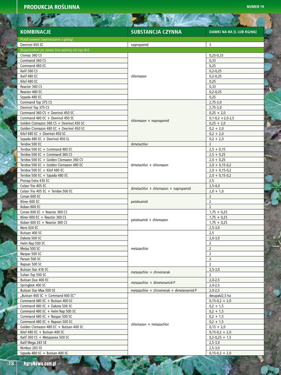 Command Top 375 CS 2,75-3,0 Devrinol Top 375 CS 2,75-3,0 Command 360 CS + Devrinol 450 SC 0,25 + 2,0 Command 480 EC + Devrinol 450 SC 0,1-0,2 +2,0-2,5 chlomazon + napropamid Golden Clomazon 360 CS +