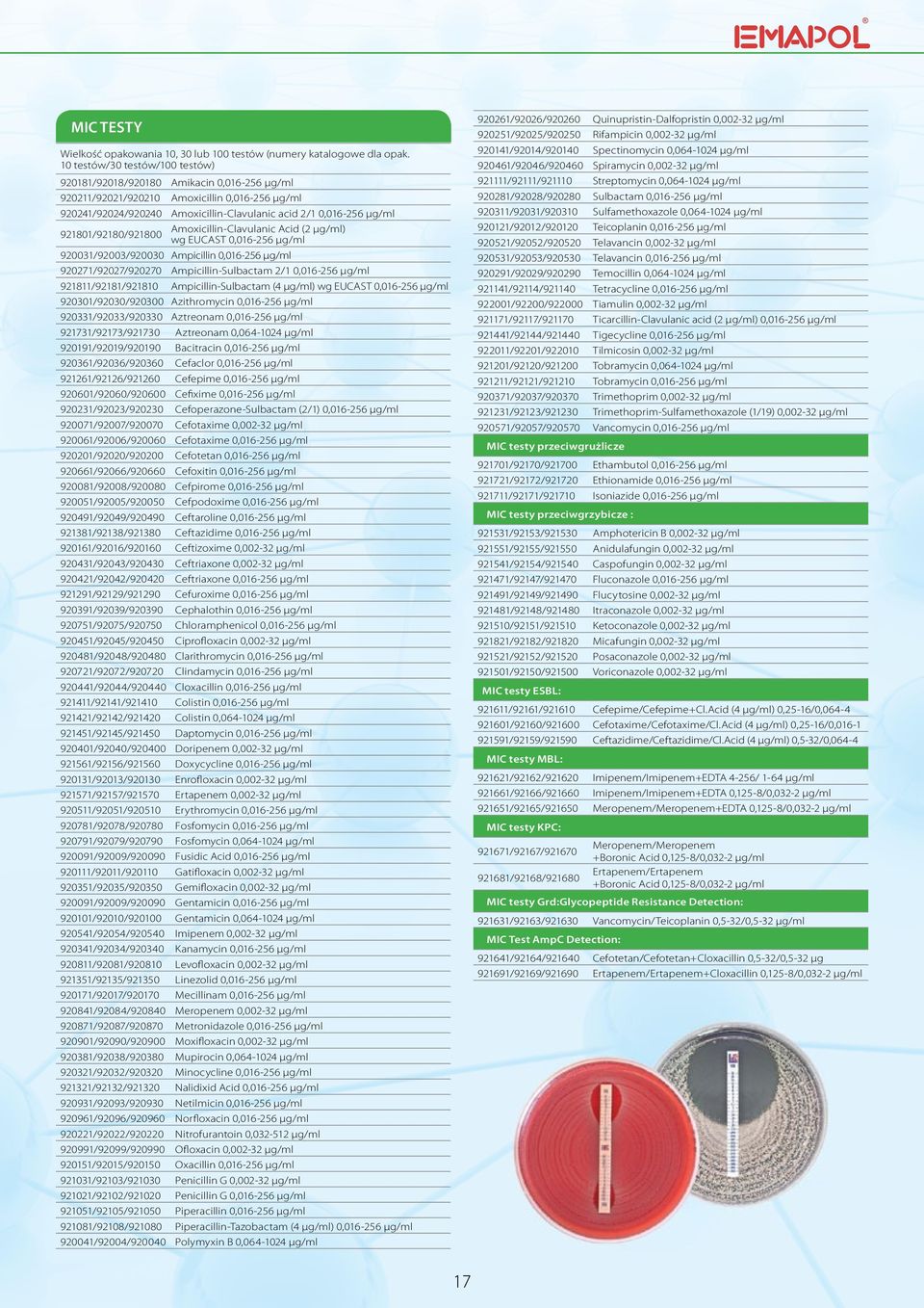 Ampicillin-Sulbactam 2/ 0,06-256 µg/ml 928/928/9280 Ampicillin-Sulbactam (4 µg/ml) wg EUCAST 0,06-256 µg/ml 92030/92030/920300 Azithromycin 0,06-256 µg/ml 92033/92033/920330 Aztreonam 0,06-256 µg/ml