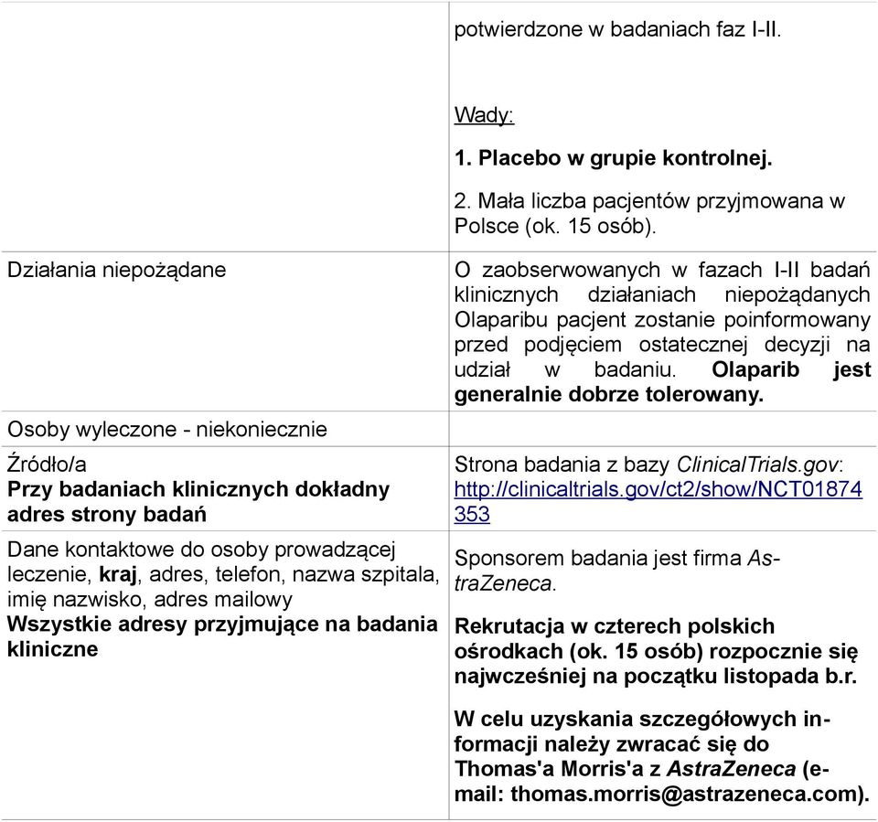 szpitala, imię nazwisko, adres mailowy Wszystkie adresy przyjmujące na badania kliniczne Wady: 1. Placebo w grupie kontrolnej. 2. Mała liczba pacjentów przyjmowana w Polsce (ok. 15 osób).