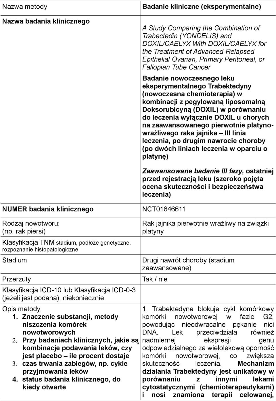 liposomalną Doksorubicyną (DOXIL) w porównaniu do leczenia wyłącznie DOXIL u chorych na zaawansowanego pierwotnie platynowrażliwego raka jajnika III linia leczenia, po drugim nawrocie choroby (po