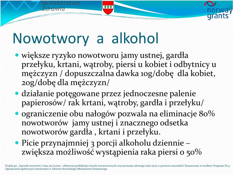 krtani, wątroby, gardła i przełyku/ ograniczenie obu nałogów pozwala na eliminacje 80% nowotworów jamy ustnej i znacznego odsetka