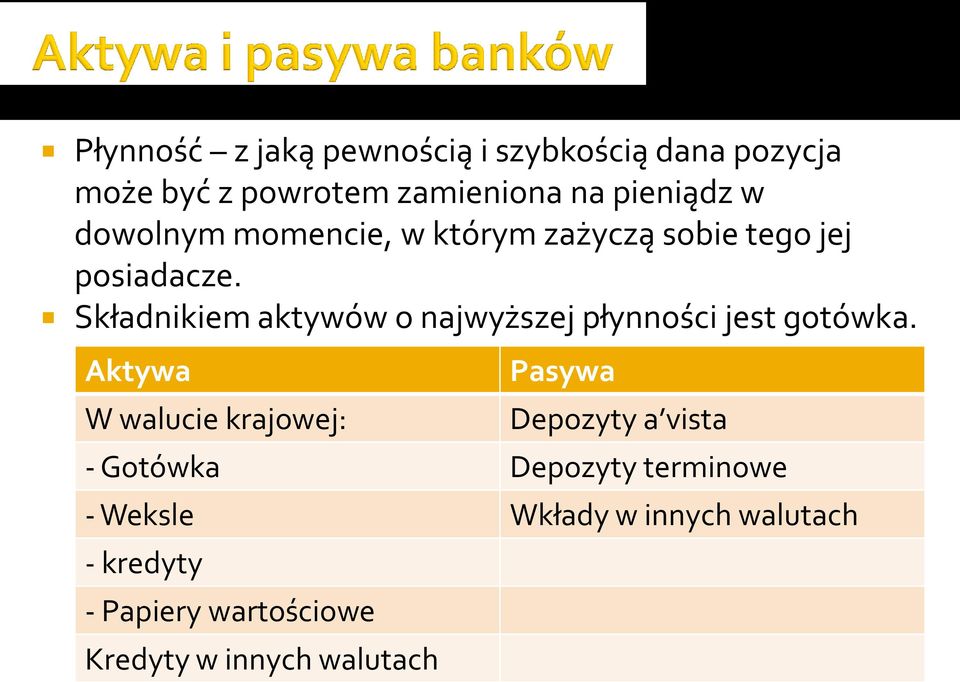 Składnikiem aktywów o najwyższej płynności jest gotówka.