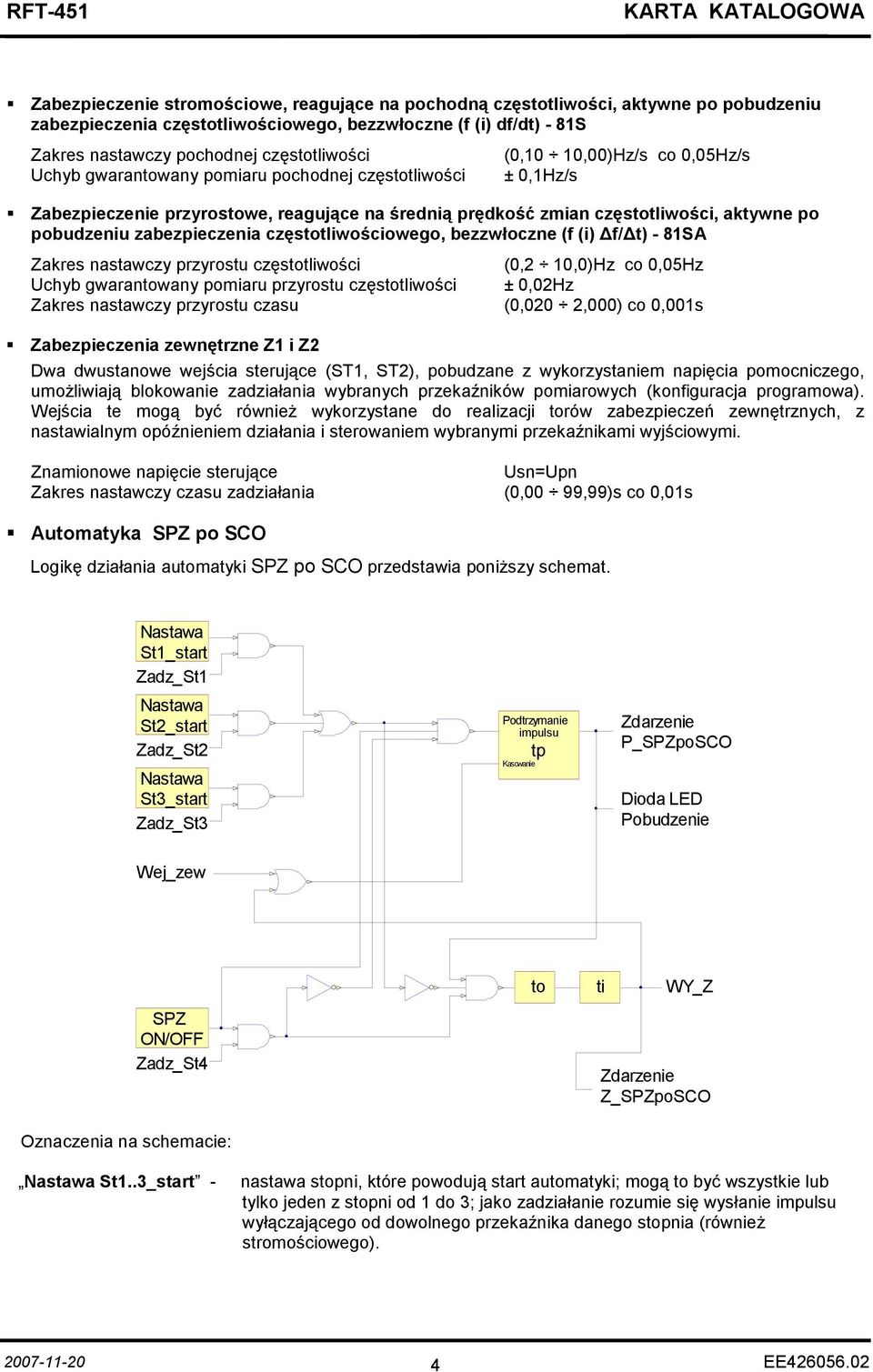 zabezpieczenia częstotliwościowego, bezzwłoczne (f (i) f/ t) - 81SA Zakres nastawczy przyrostu częstotliwości (0,2 10,0)Hz co 0,05Hz Uchyb gwarantowany pomiaru przyrostu częstotliwości ± 0,02Hz