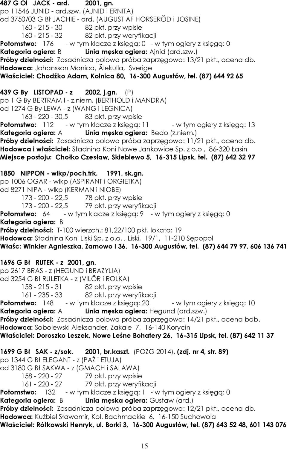 ) Próby dzielności: Zasadnicza polowa próba zaprzęgowa: 13/21 pkt., ocena db. Hodowca: Johansson Monica, Älekulla, Sverige Właściciel: Chodźko Adam, Kolnica 80, 16-300 Augustów, tel.