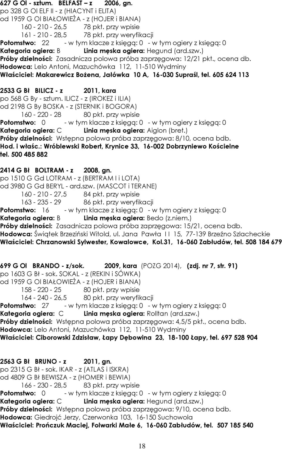 ) Próby dzielności: Zasadnicza polowa próba zaprzęgowa: 12/21 pkt., ocena db. Hodowca: Lelo Antoni, Mazuchówka 112, 11-510 Wydminy Właściciel: Makarewicz Bożena, Jałówka 10 A, 16-030 Supraśl, tel.