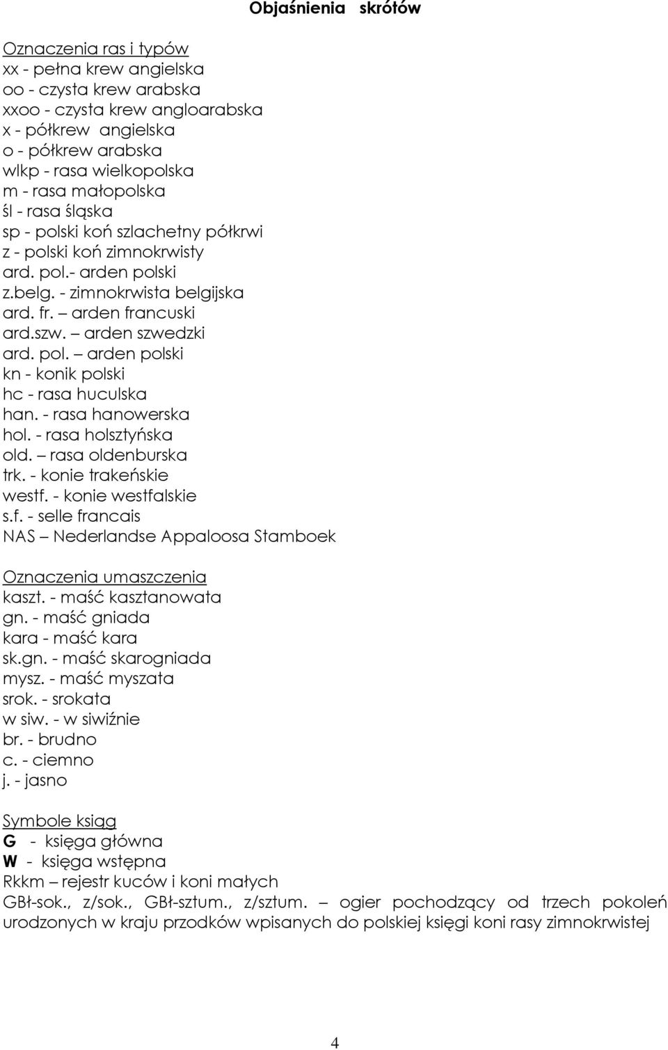 arden szwedzki ard. pol. arden polski kn - konik polski hc - rasa huculska han. - rasa hanowerska hol. - rasa holsztyńska old. rasa oldenburska trk. - konie trakeńskie westf.