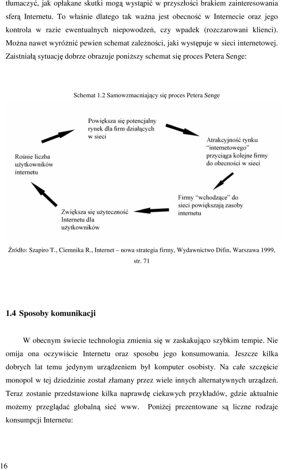 Można nawet wyróżnić pewien schemat zależności, jaki występuje w sieci internetowej. Zaistniałą sytuację dobrze obrazuje poniższy schemat się proces Petera Senge: Schemat 1.