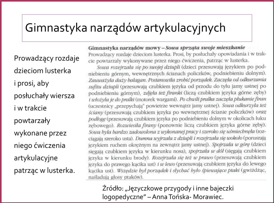 wykonane przez niego ćwiczenia artykulacyjne patrząc w lusterka.