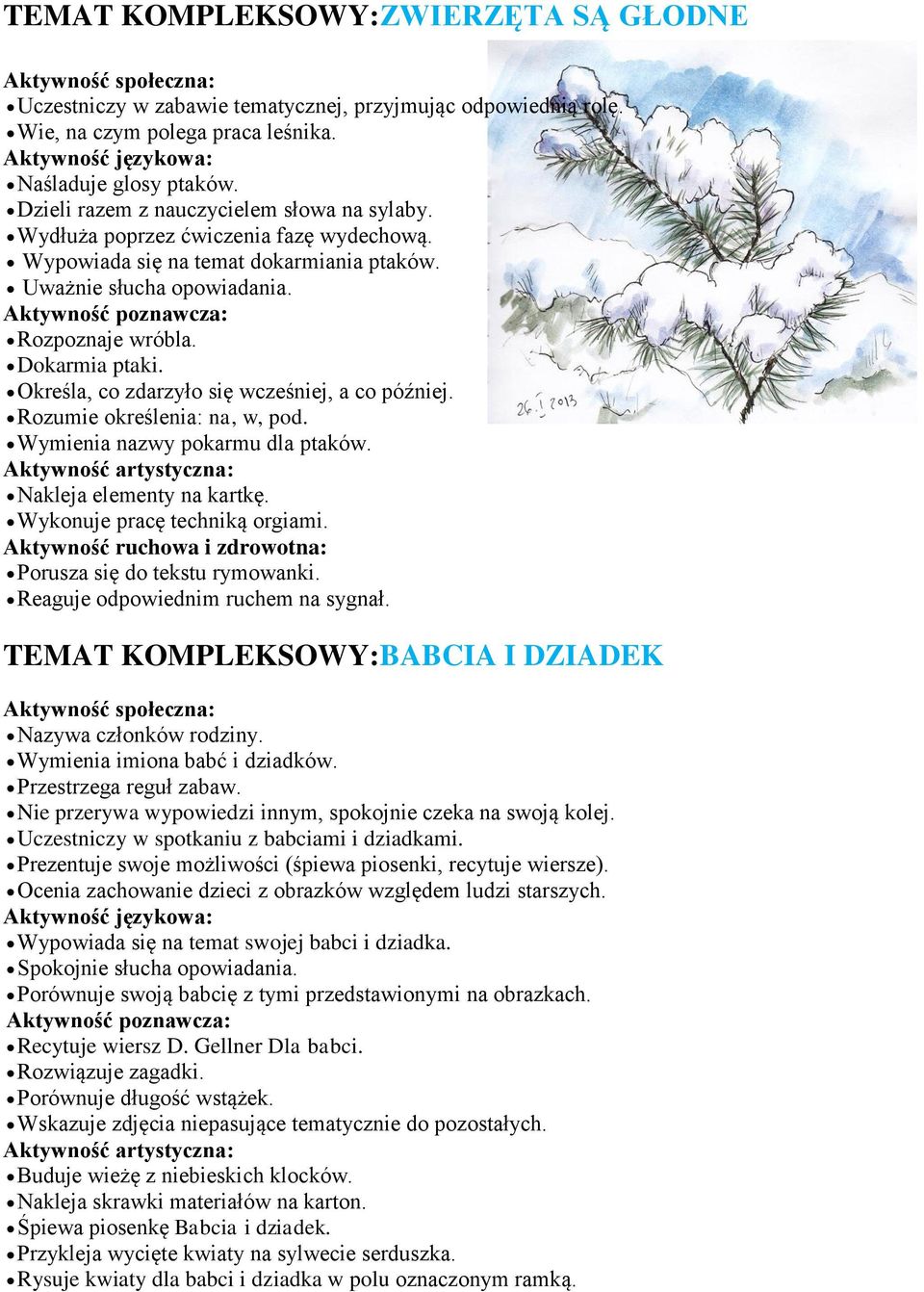 Określa, co zdarzyło się wcześniej, a co później. Rozumie określenia: na, w, pod. Wymienia nazwy pokarmu dla ptaków. Nakleja elementy na kartkę. Wykonuje pracę techniką orgiami.