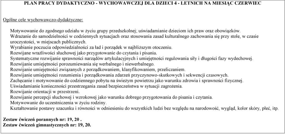 Wyrabianie poczucia odpowiedzialności za ład i porządek w najbliższym otoczeniu. Rozwijane wrażliwości słuchowej jako przygotowanie do czytania i pisania.