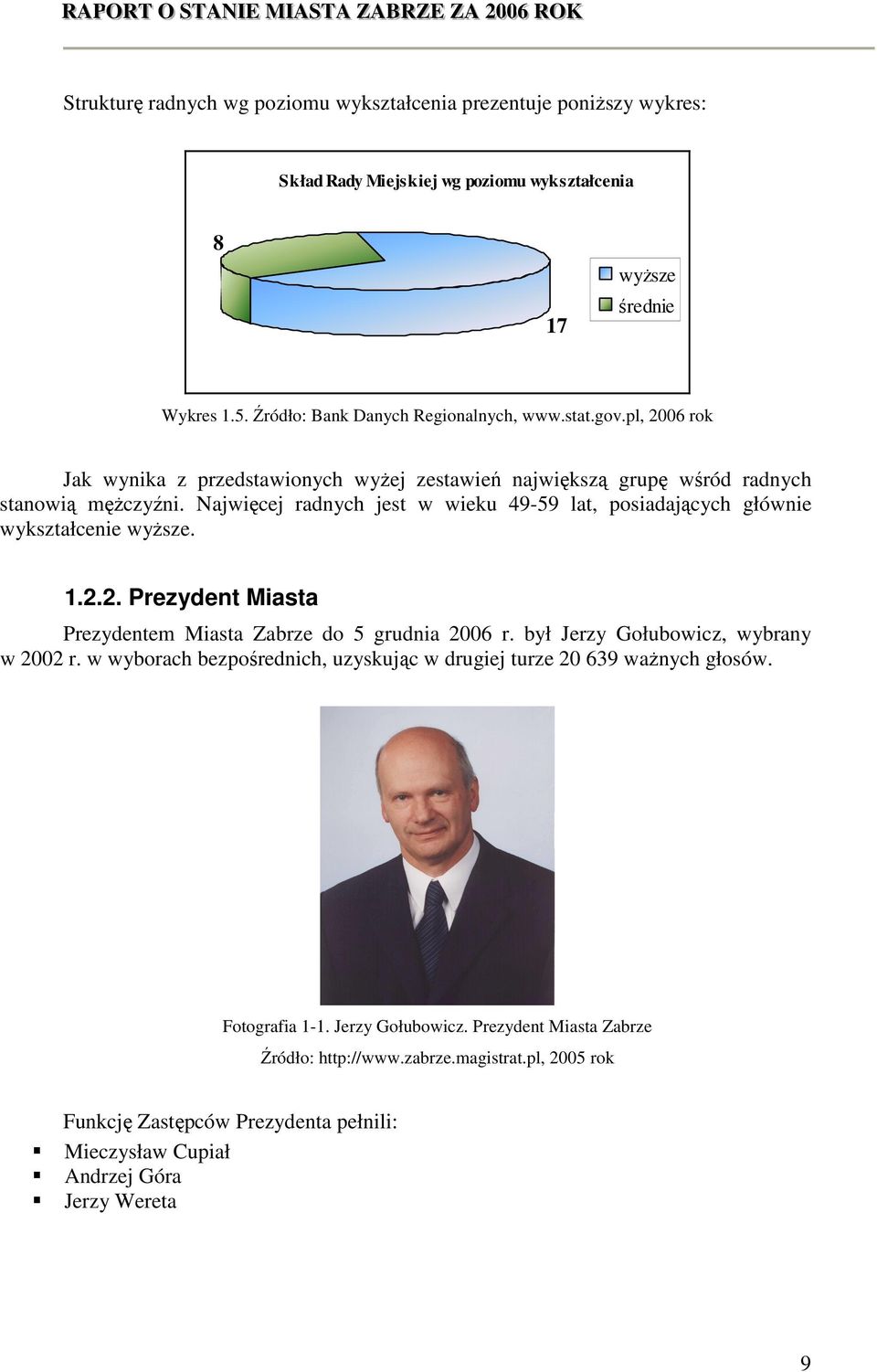 Najwięcej radnych jest w wieku 49-59 lat, posiadających głównie wykształcenie wyŝsze. 1.2.2. Prezydent Miasta Prezydentem Miasta Zabrze do 5 grudnia 2006 r.