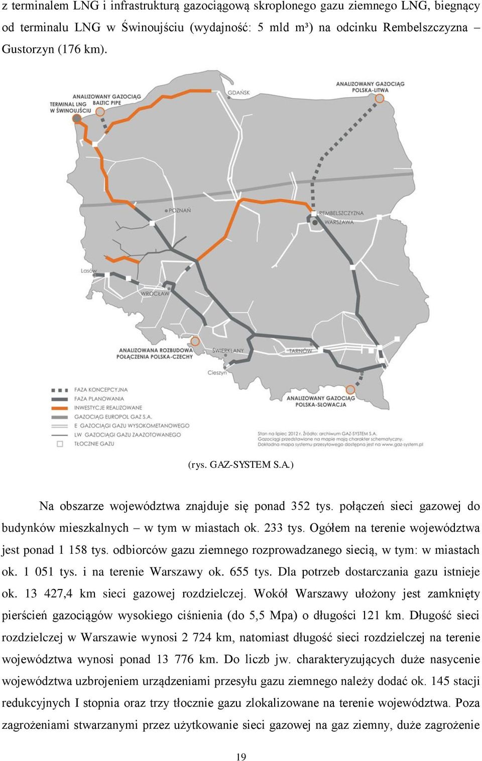odbiorców gazu ziemnego rozprowadzanego siecią, w tym: w miastach ok. 1 051 tys. i na terenie Warszawy ok. 655 tys. Dla potrzeb dostarczania gazu istnieje ok. 13 427,4 km sieci gazowej rozdzielczej.