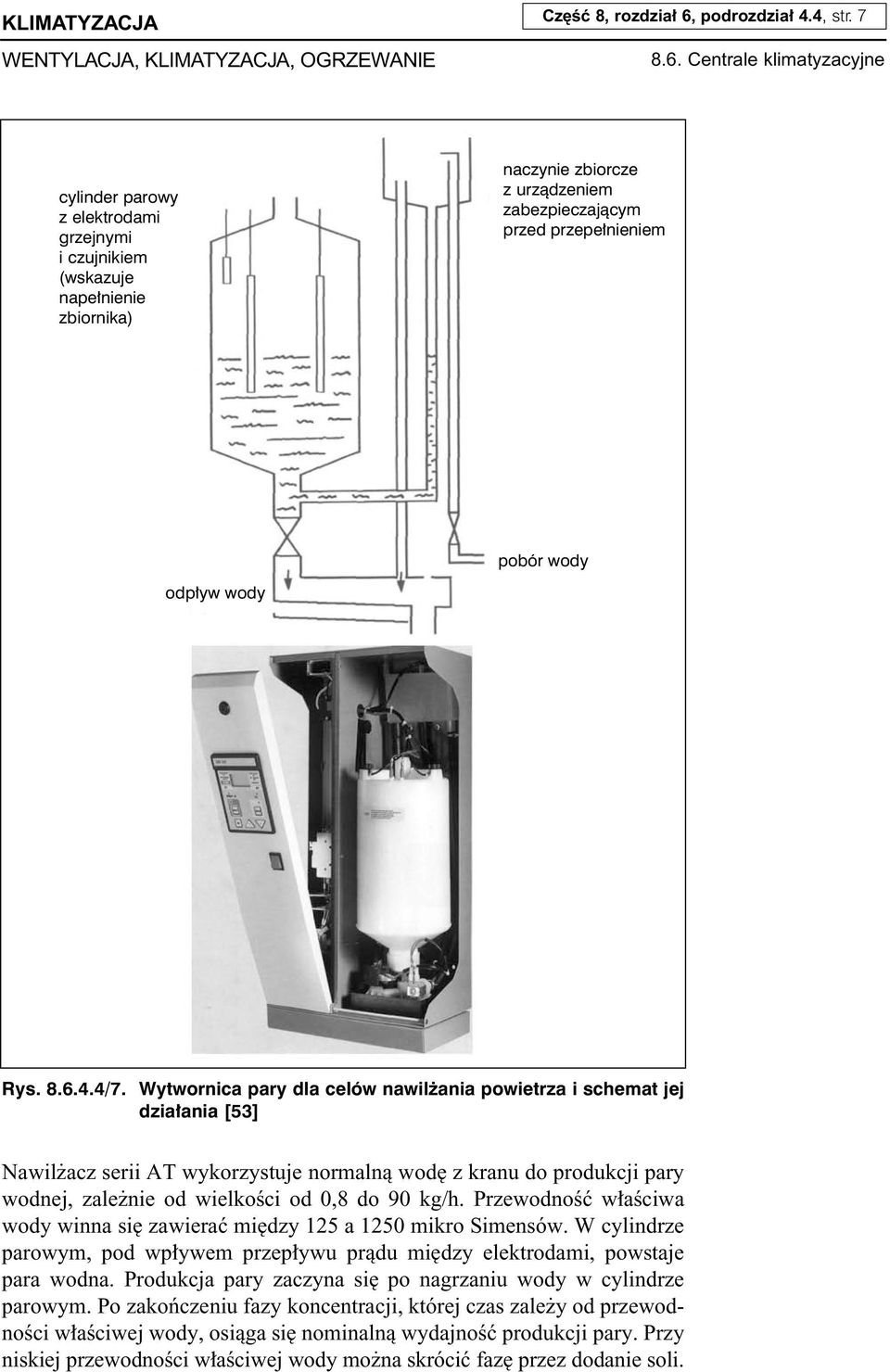 Centrale klimatyzacyjne cylinder parowy z elektrodami grzejnymi i czujnikiem (wskazuje nape nienie zbiornika) naczynie zbiorcze z urzàdzeniem zabezpieczajàcym przed przepe nieniem pobór wody odp yw