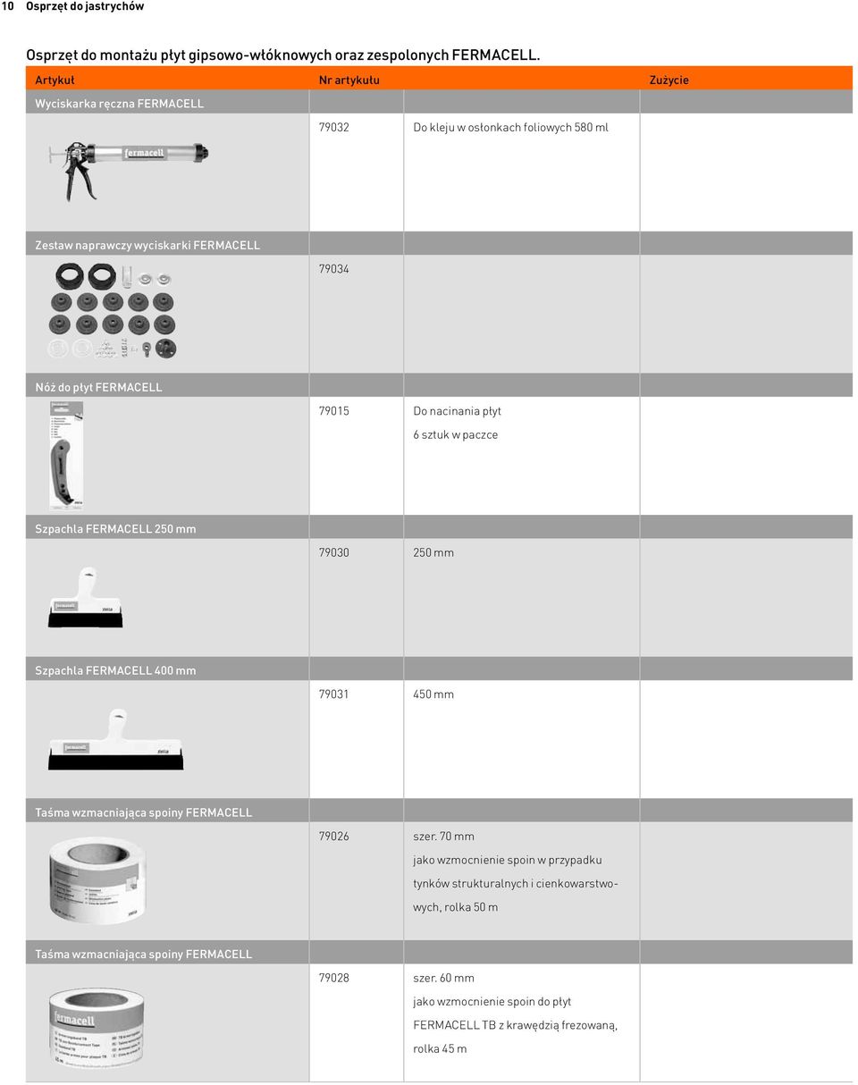 FERMACELL 79015 Do nacinania płyt 6 sztuk w paczce Szpachla FERMACELL 250 mm 79030 250 mm Szpachla FERMACELL 400 mm 79031 450 mm Taśma wzmacniająca spoiny