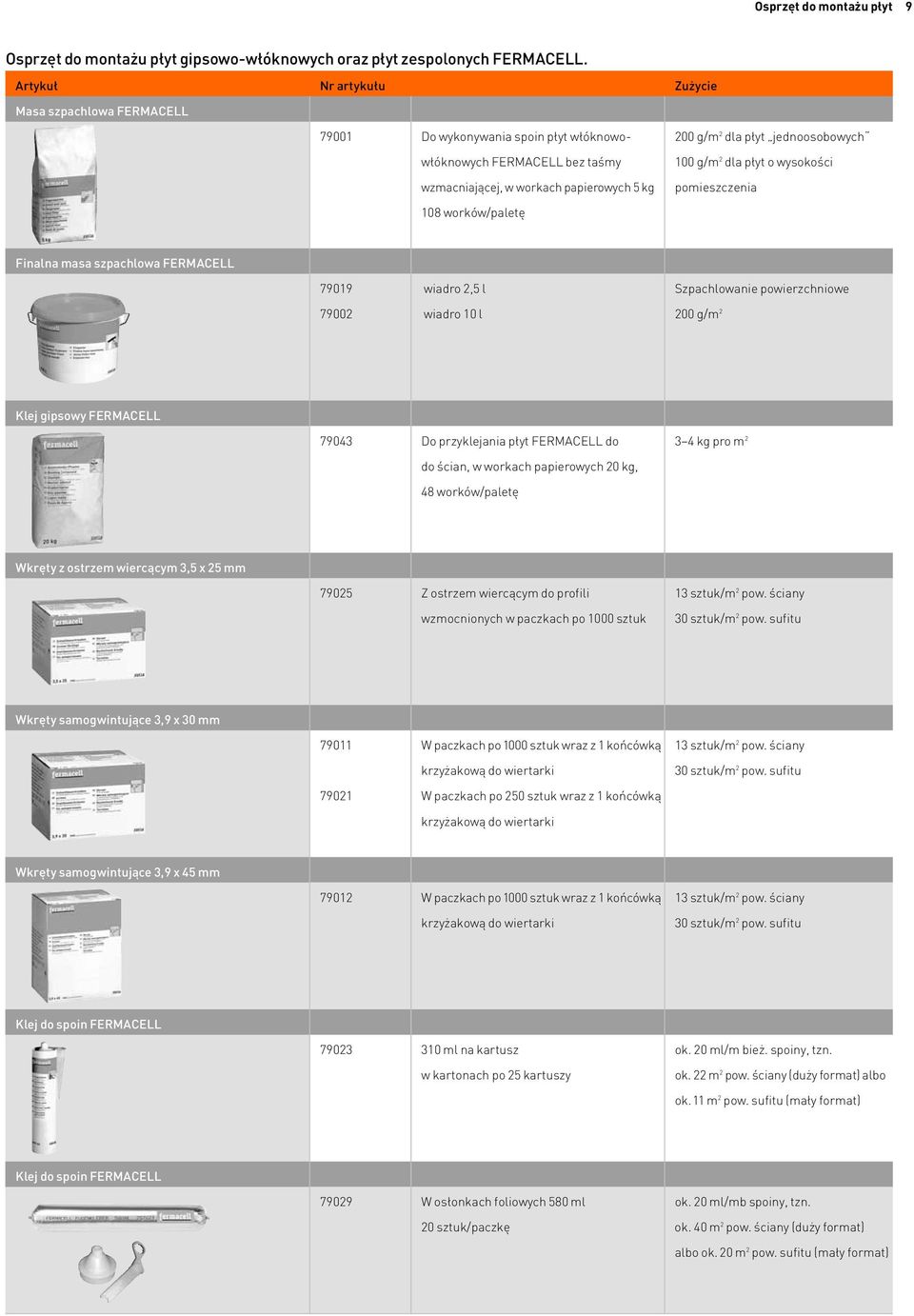 kg 100 g/m 2 dla płyt o wysokości pomieszczenia 108 worków/paletę Finalna masa szpachlowa FERMACELL 79019 wiadro 2,5 l Szpachlowanie powierzchniowe 79002 wiadro 10 l 200 g/m 2 Klej gipsowy FERMACELL