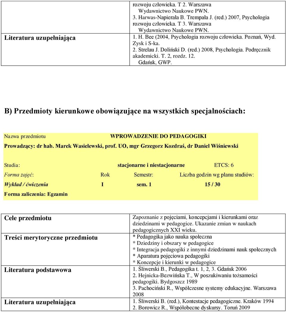 B) Przedmioty kierunkowe obowiązujące na wszystkich specjalnościach: Nazwa przedmiotu WPROWADZENIE DO PEDAGOGIKI Prowadzący: dr hab. Marek Wasielewski, prof.