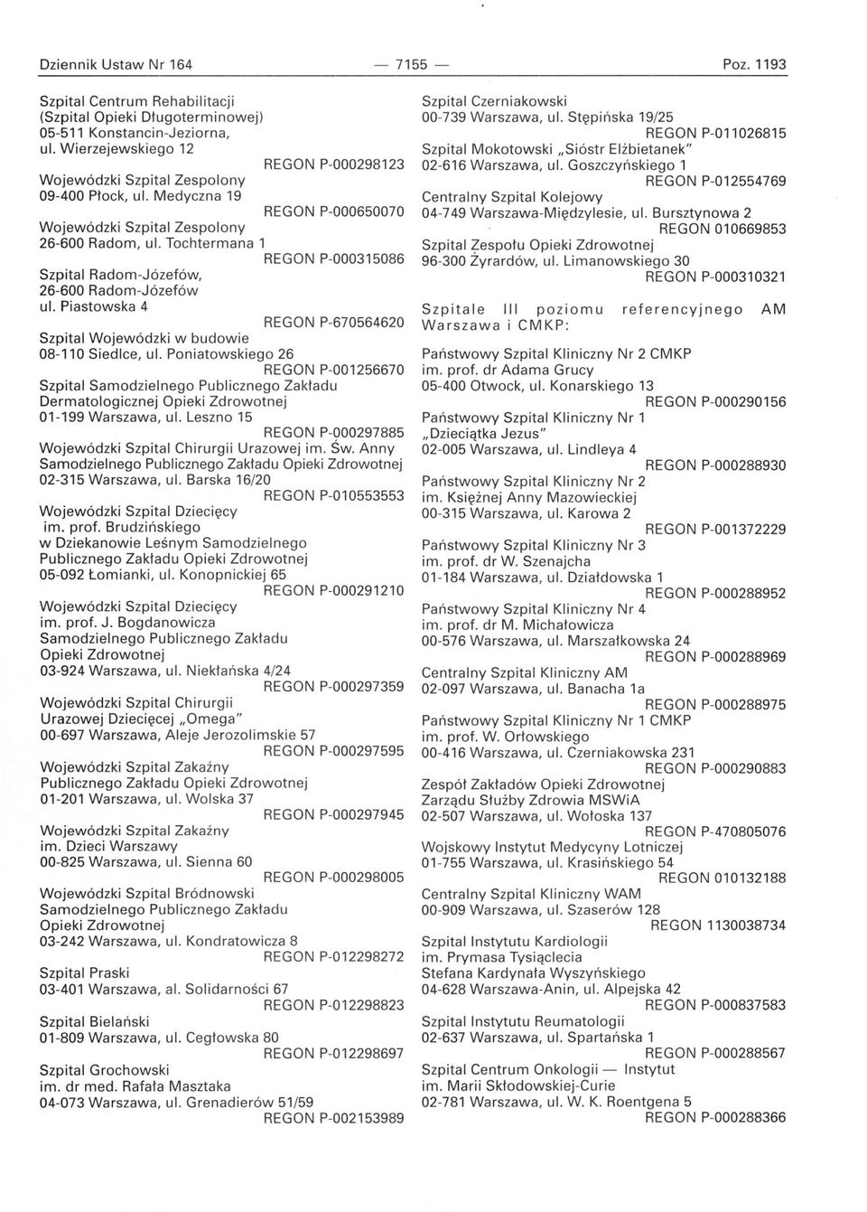 Piastowska 4 REGON P-670564620 Szpital Wojewódzki w budowie 08-110 Siedlce, ul. Poniatowskiego 26 REGON P-001256670 Zakładu Dermatologicznej Opieki Zdrowotnej 01-199 Warszawa, ul.