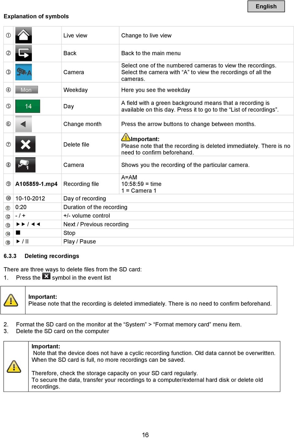 Change month Press the arrow buttons to change between months. Delete file Important: Please note that the recording is deleted immediately. There is no need to confirm beforehand.