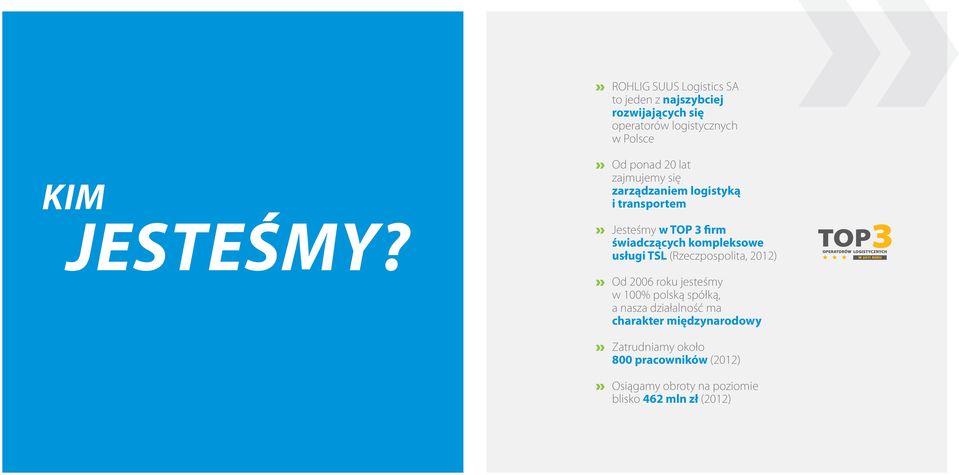 Jesteśmy w TOP 3 firm świadczących kompleksowe usługi TSL (Rzeczpospolita, 2012) Od 2006 roku jesteśmy w 100%
