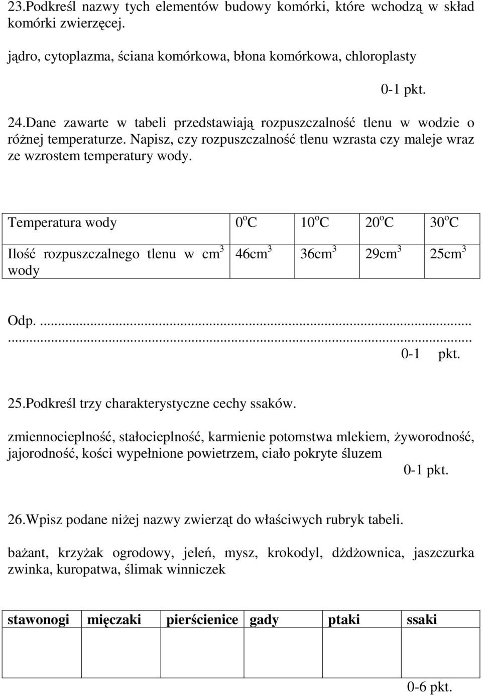 Temperatura wody 0 o C 10 o C 20 o C 30 o C Ilość rozpuszczalnego tlenu w cm 3 wody 46cm 3 36cm 3 29cm 3 25cm 3 Odp....... 25.odkreśl trzy charakterystyczne cechy ssaków.