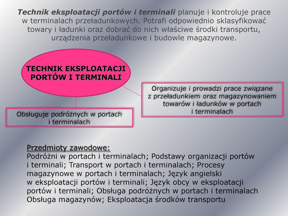 TECHNIK EKSPLOATACJI PORTÓW I TERMINALI Obsługuje podróżnych w portach i terminalach Organizuje i prowadzi prace związane z przeładunkiem oraz magazynowaniem towarów i ładunków w portach i