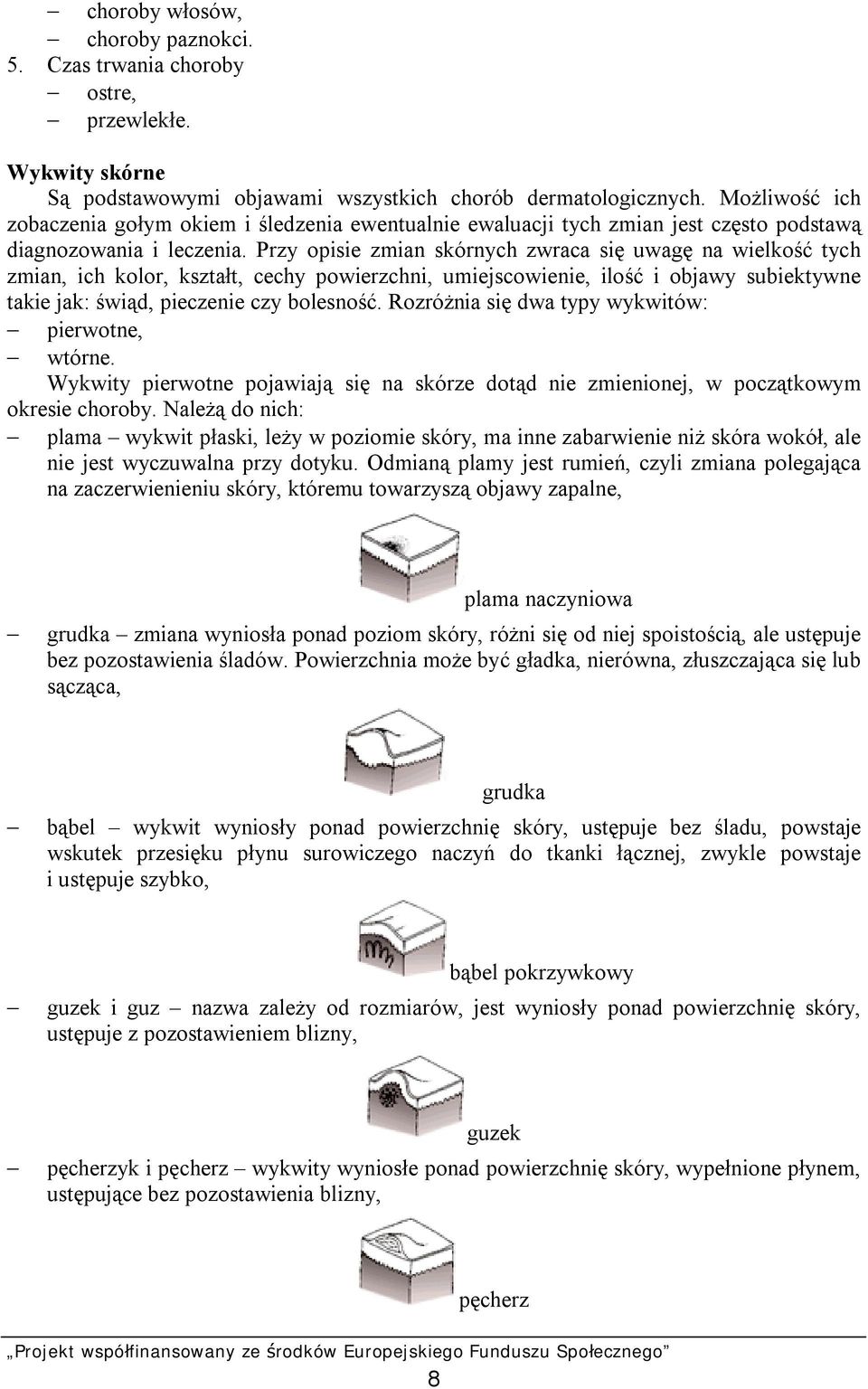 Przy opisie zmian skórnych zwraca się uwagę na wielkość tych zmian, ich kolor, kształt, cechy powierzchni, umiejscowienie, ilość i objawy subiektywne takie jak: świąd, pieczenie czy bolesność.