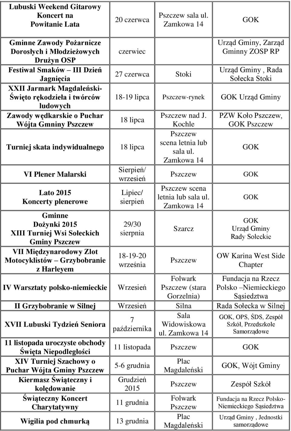 Wójta Gmniny Pszczew Turniej skata indywidualnego VI Plener Malarski Lato 2015 Koncerty plenerowe Gminne Dożynki 2015 XIII Turniej Wsi Sołeckich Gminy Pszczew VII Międzynarodowy Zlot Motocyklistów