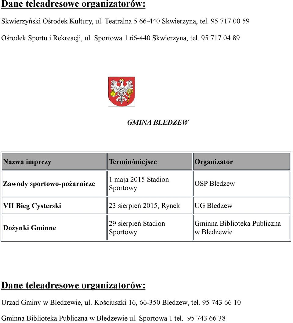 95 717 04 89 GMINA BLEDZEW Nazwa imprezy Termin/miejsce Organizator Zawody sportowo-pożarnicze 1 maja 2015 Stadion Sportowy OSP Bledzew VII Bieg Cysterski 23