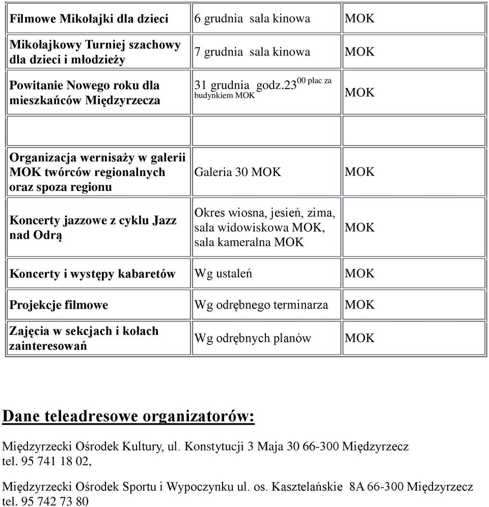 23 budynkiem Organizacja wernisaży w galerii twórców regionalnych oraz spoza regionu Koncerty jazzowe z cyklu Jazz nad Odrą Galeria 30 Okres wiosna, jesień, zima, sala widowiskowa, sala