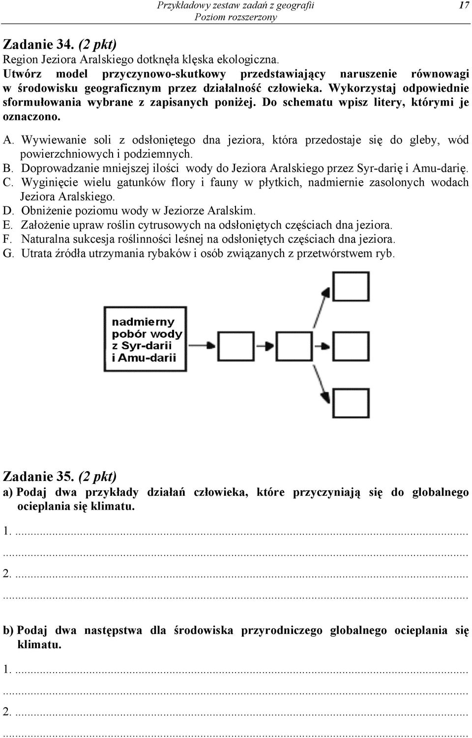 Do schematu wpisz litery, którymi je oznaczono. A. Wywiewanie soli z odsłoniętego dna jeziora, która przedostaje się do gleby, wód powierzchniowych i podziemnych. B.