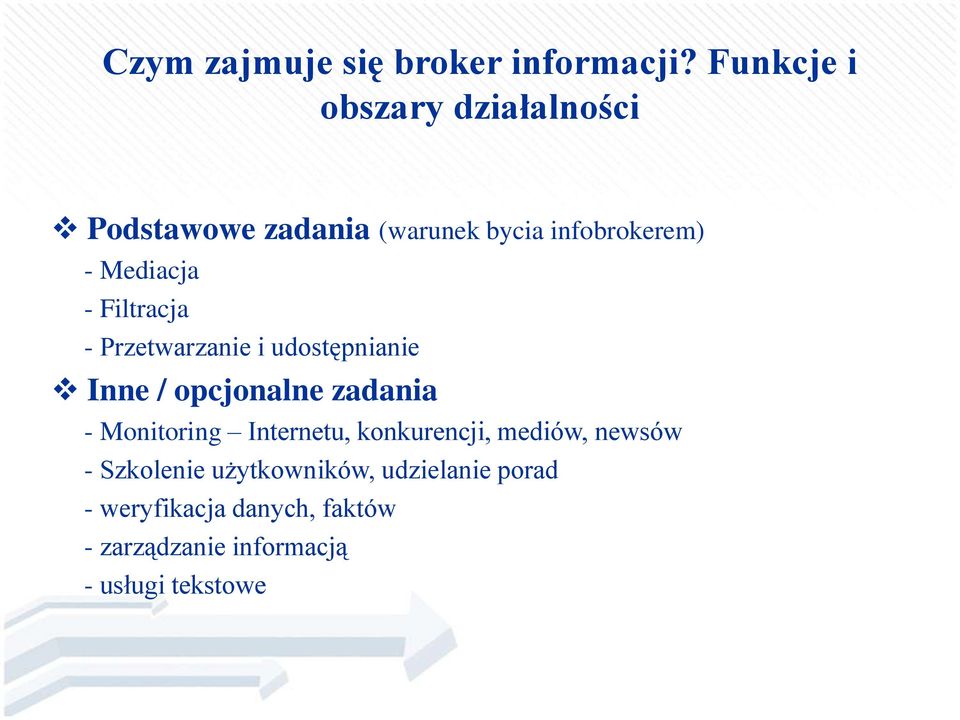 - Filtracja - Przetwarzanie i udostępnianie Inne / opcjonalne zadania - Monitoring