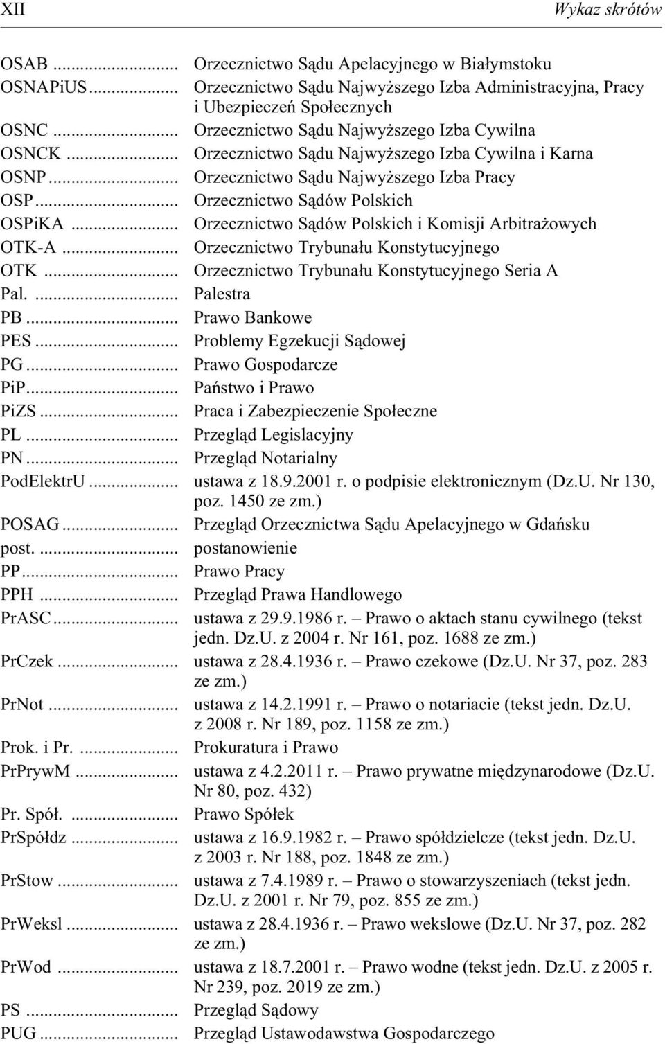 .. Orzecznictwo S¹dów Polskich i Komisji Arbitra owych OTK-A... Orzecznictwo Trybuna³u Konstytucyjnego OTK... Orzecznictwo Trybuna³u Konstytucyjnego Seria A Pal.... Palestra PB... Prawo Bankowe PES.