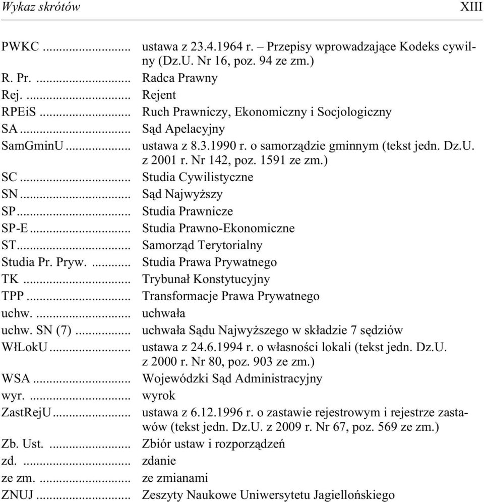 .. Studia Cywilistyczne SN... S¹d Najwy szy SP... Studia Prawnicze SP-E... Studia Prawno-Ekonomiczne ST... Samorz¹d Terytorialny Studia Pr. Pryw.... Studia Prawa Prywatnego TK.