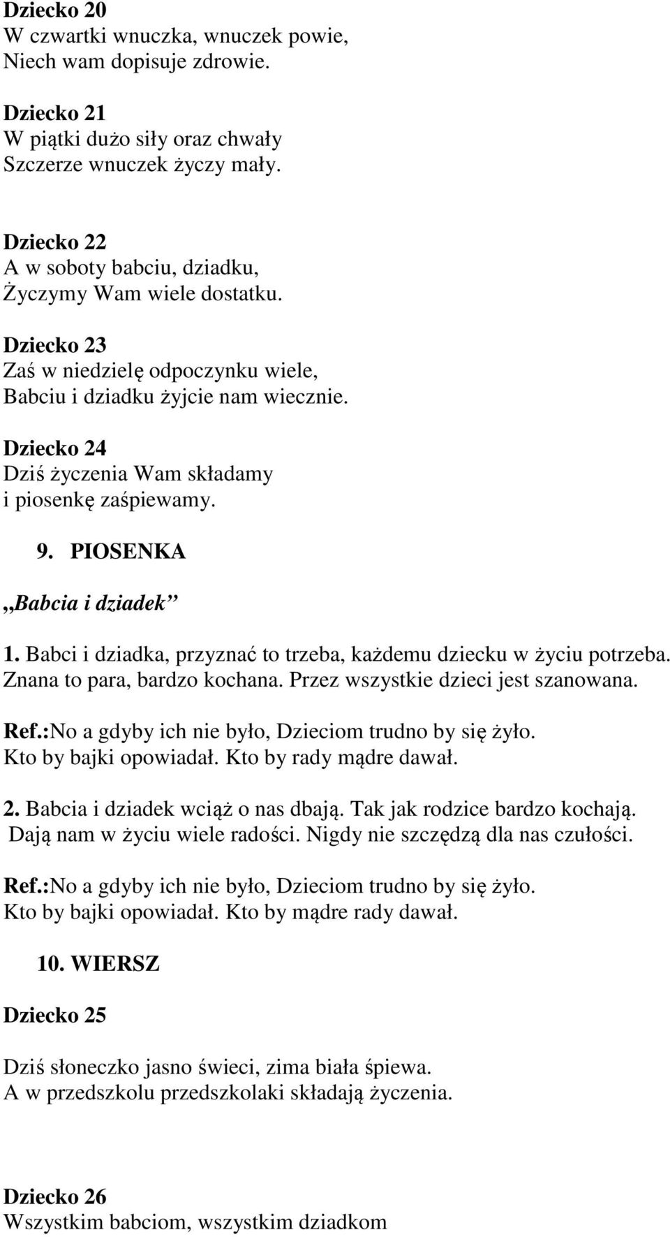 Dziecko 24 Dziś życzenia Wam składamy i piosenkę zaśpiewamy. 9. PIOSENKA Babcia i dziadek 1. Babci i dziadka, przyznać to trzeba, każdemu dziecku w życiu potrzeba. Znana to para, bardzo kochana.