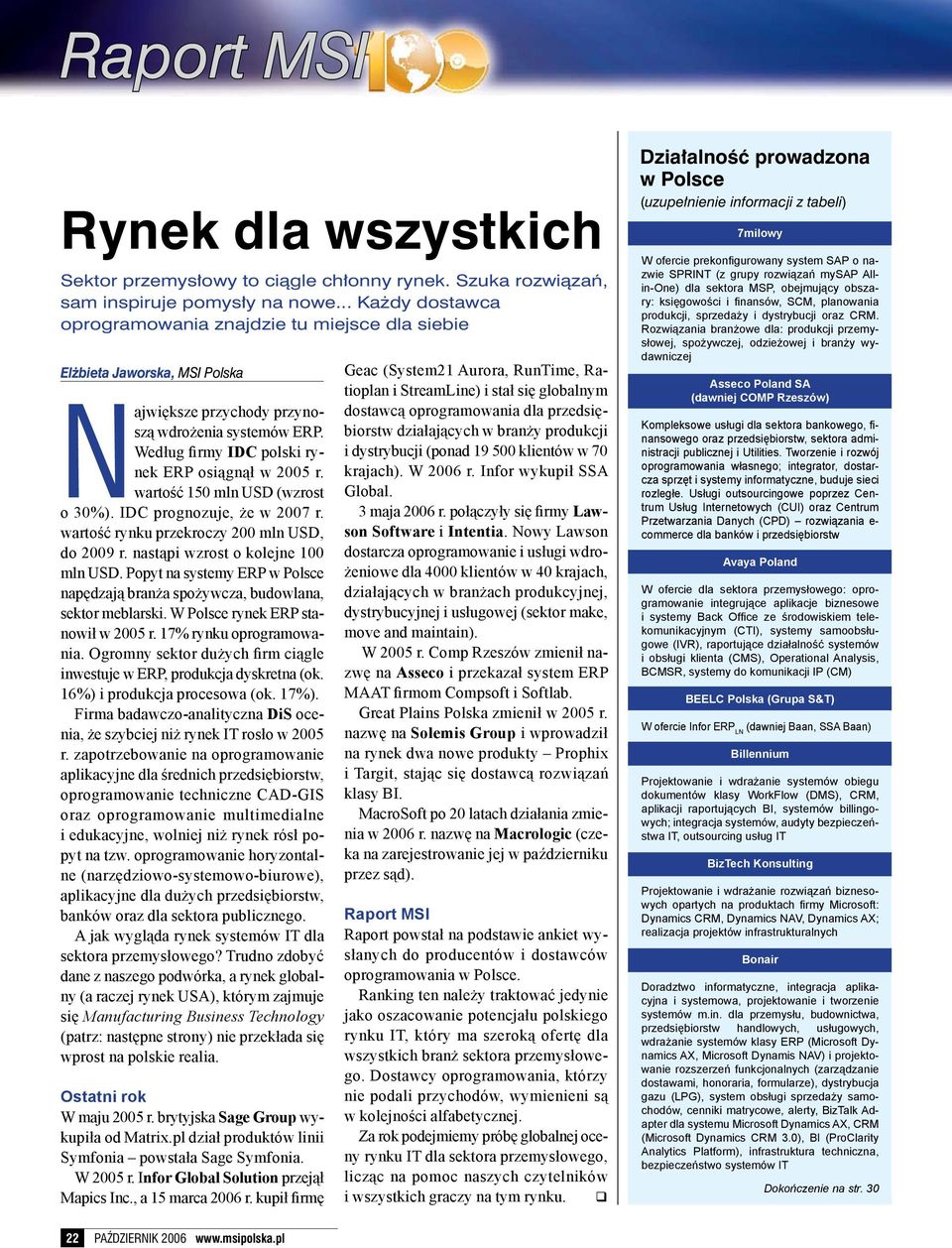 Według firmy IDC polski rynek ERP osiągnął w 2005 r. wartość 150 mln USD (wzrost o 30%). IDC prognozuje, że w 2007 r. wartość rynku przekroczy 200 mln USD, do 2009 r.